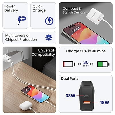 Ambrane 33W USB & Type-C Dual Port Fast Wall Charging Adapter with QC & PD Technology Compatible