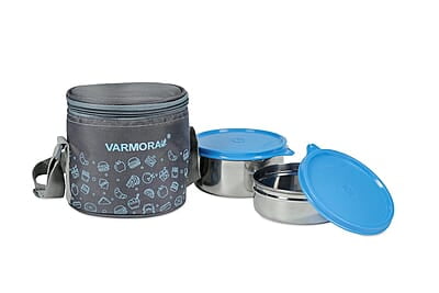 Varmora SS Executive Printed Assorted Stainless Steel Tiffin Lunch Box for Office Set of 2 Containers (390 ml and 520 ml)