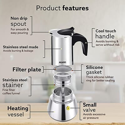 AGARO Royal Moka Pot, Stovetop & Induction Cooktop Classic Espresso & Coffee Maker, 200 Ml