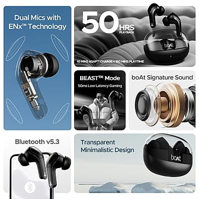 boAt Airdopes 311 Pro w/Up to 50 HRS Playtime, ASAP Charge(10min=150 Mins), Dual Mics w/ENx Tech, Transparent ID, 50 ms Low-Latency Beast Mode, IPX4 Truly Wireless in Ear Earbuds