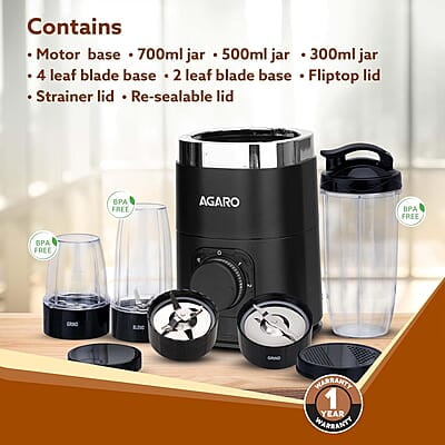 AGARO Galaxy 3 Jar Personal Blender, 400W, Serrated and Cross Blade with Detachable Base, Mixer/Grinder/Smoothie/Juice Maker, Black
