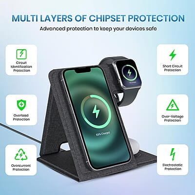 Portronics Freedom Fold 3 15W 3 in 1 Foldable MagSafe Compatible Wireless Charger for iPhone Apple Watches & AirPods Portronics Freedom Fold 3 15W 3 in 1 Foldable MagSafe Compatible Wireless Charger for iPhone Apple Watches & AirPods