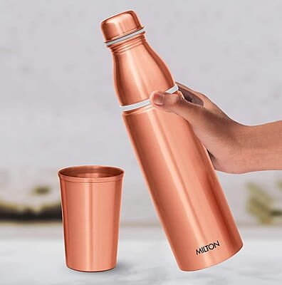 MILTON Copper Combo 1000 Water Bottle with in built glass cap, 890 ml, 1 Piece, Copper