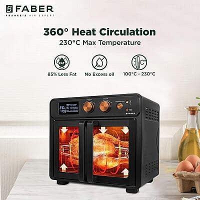 Faber Air Fryer Oven 25L, Digital Control, Bake Tray, SS Wire Tray & Basket, Crumb Tray, Rotisserie Kit