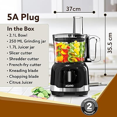 AGARO Grand Food Processor, Multi-functional Chopper, Grinder, Slicer, Shredder, Blender, 1000W, Mincing, Dicing, Shredding, Kneading, SS Blade, Black