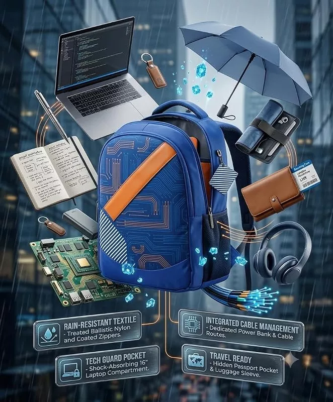 Brand: Generic Blue Laptop Backpack with Circuit Board Print, Orange Accent