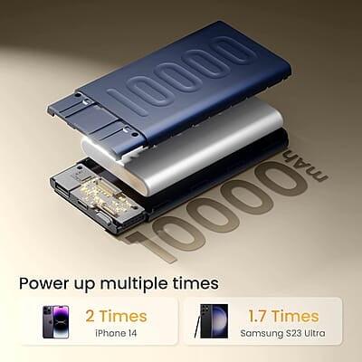 Ambrane 10000mAh Slim Power Bank, 20W Fast Charging, Dual Output, Type C PD (Input & Output), Quick Charge