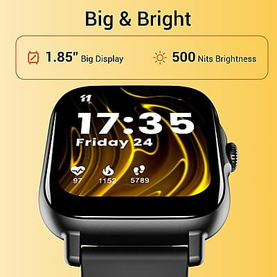 ElevOne 1.85" Display BT Calling Smartwatch, Multiple Watch Faces, Stress Monitor, Heart & SpO2 Monitoring, 50 Sports Modes, Sleep Monitor, 7 Days Battery