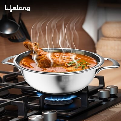 Lifelong LLTPDK004 Triply Deep Kadai with Riveted Handles with Stainless Steel Lid 2.1 litres Capacity 22 cm