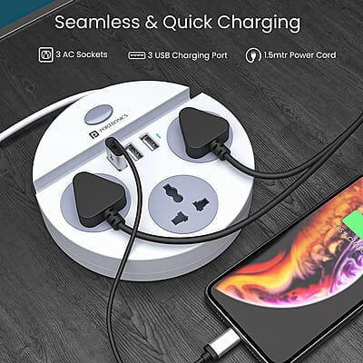Portronics Power Plate 5 1500W Power Converter with USB Charger & Mobile Holder 3AC Socket + 3USB Ports, 1.5 m Cord Length