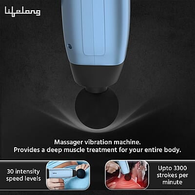 Lifelong Gun Massager Percussion for Full Body Pain Relief 6 Heads LED Touch 30 Speed Levels  Premium Bag