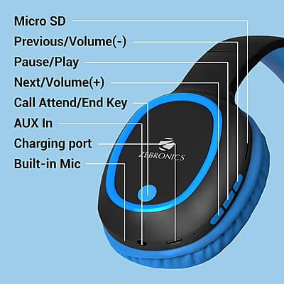 ZEBRONICS Thunder Bluetooth 5.3 Wireless Over ear Headphones with 60H Backup, Gaming Mode, Dual Pairing, ENC, AUX, Micro SD, Voice Assistant, Comfortable Earcups, Call Function