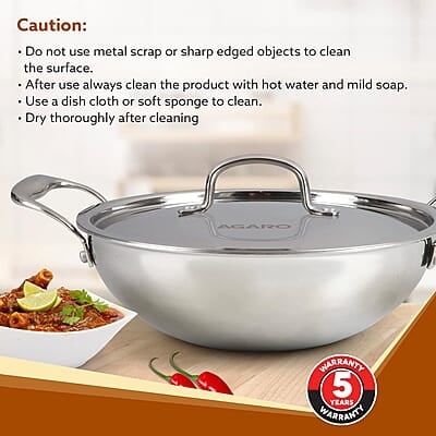 AGARO Regency Tri-Ply Steel Kadai, 2.25L Capacity, 24 cm  Stainless Steel
