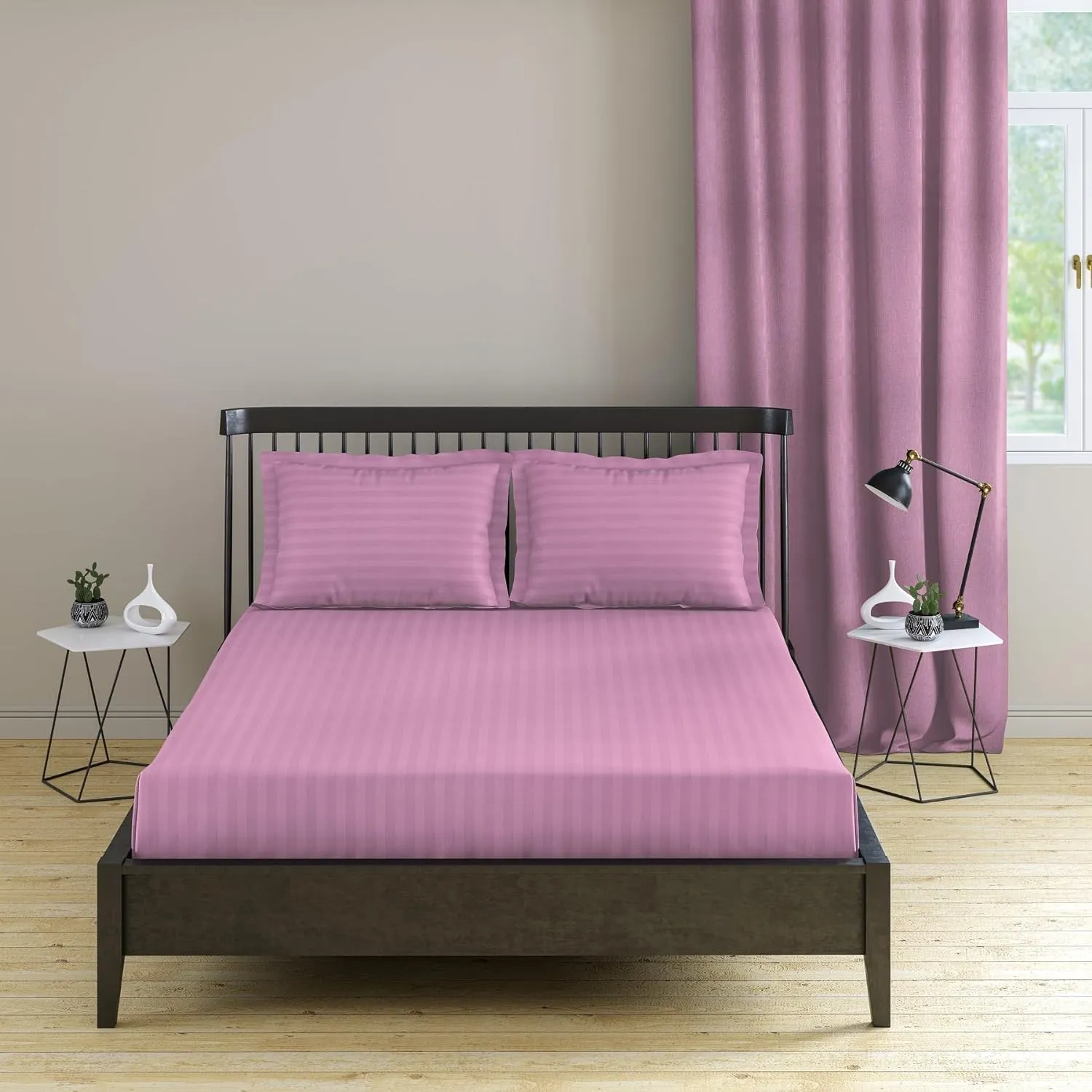 Bedsheet (Fitted) Glace Cotton 300 TC - Striped - Taffy Pink
