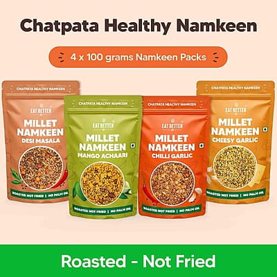 Eat Better Co – Millet Namkeen Combo – Four Flavours – Desi Masala, Mango Achari, Cheesy Garlic and Chilli Garlic – 4 * 100 grams - Healthy Snacks for Adults Combo