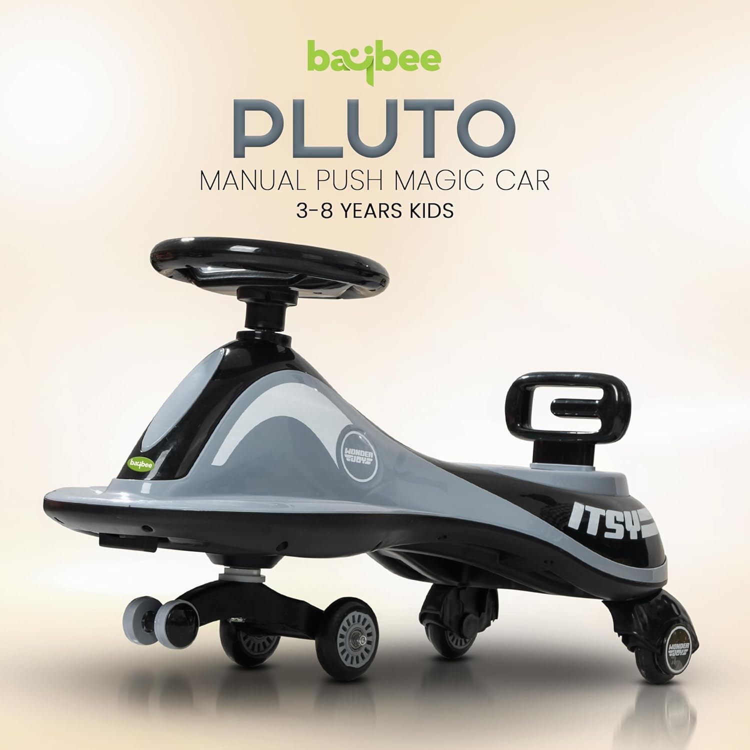 Baybee Pluto Kids Magic Swing Cars for Kids, with Led Lights, Scratch Free PP Wheels & Music-Black