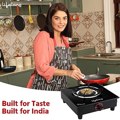 Lifelong LLGS201 Open Single Burner Glass Gas Stove , Manual Ignition, Black