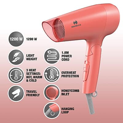 Havells HD2223 1200 Watts Foldable & Travel Friendly Hair Dryer, 3 Heat (Hot/Cool/Warm) Settings Havells HD2223 1200 Watts Foldable & Travel Friendly Hair Dryer, 3 Heat (Hot/Cool/Warm) Settings