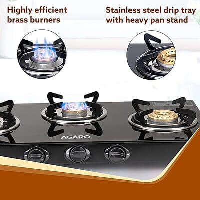 AGARO Elite 3 Burners Gas Stove, Toughened GlassTop, Round Brass Burners, 1 Small, 1 Medium & 1 Big Size Burner