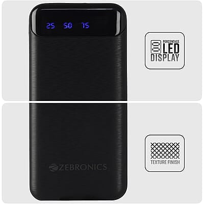 ZEBRONICS MB10000S4 Power Bank, 10000 mAh, 12W, Dual USB Output, Type C & Micro USB Input, Built in Protections, Percentage LED Display, Included USB to Type C Cable