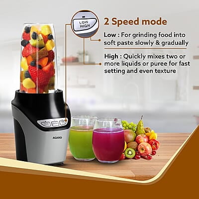 AGARO Marvel Nutri Blender, BPA Free 2 Tritan Jars, 1000W, 100% Copper Motor, 2 Speed Modes with Pulse, Detachable Base, Stainless Steel Blades, Blend, Mix, Grind, Smoothie, Juice Maker, Black