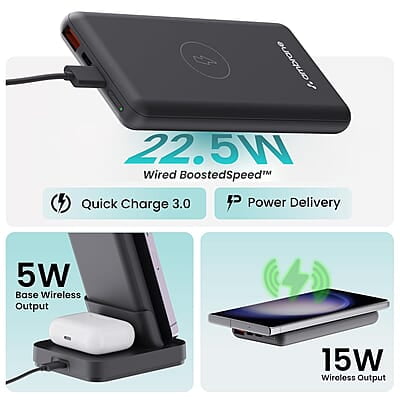 Ambrane 4 in 1 Wireless Charging 10000mAh Power Bank 22.5W Fast Charging, USB & Type C Output, Power Delivery, Quick Charge for iPhone, Android & Other Devices Aerosync Quad Ambrane 4 in 1 Wireless Charging 10000mAh Power Bank 22.5W Fast Charging, USB & Type C Output, Power Delivery, Quick Charge for iPhone, Android & Other Devices Aerosync Quad