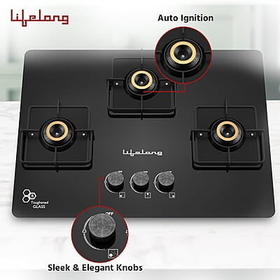 Lifelong 3 Gas Burner Top - 3 Burners Hob Top Gas Stove with Automatic Ignition - Toughened Glass top Gas Stove