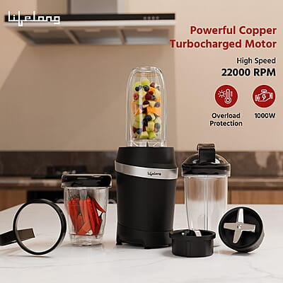 Lifelong Nutri Blender for Smoothies and Juices 100% Copper Motor- 1000 Watt with Detachable Handle 3 jars Mixer Grinder Lifelong Nutri Blender for Smoothies and Juices 100% Copper Motor- 1000 Watt with Detachable Handle 3 jars Mixer Grinder