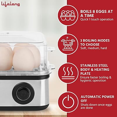 Lifelong 2-in1 Egg Boiler and Poacher 500-Watt Boil 8 eggs, Poach 4 eggs, Easy to clean 3 Boiling Modes