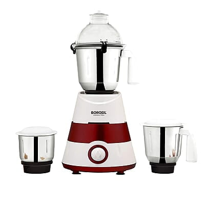 Borosil Supermax Mixer Grinder, For Wet/Dry Mixing & Grinding, 750 Watts, 3 Stainless Steel Jars(1.5 L Blending Jar, 1 L Dry/Wet Grinder, 400 ml Chutney Jar), Mixie For Kitchen, Red