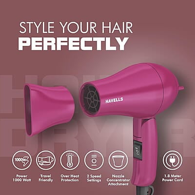 Havells 1000 Watt Foldable Hair Dryer; 2 Heat Settings (Hot/Warm), Heat Balance Technology