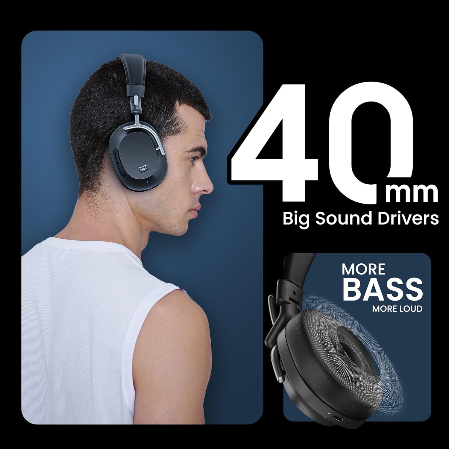 Hammer Bash Pro Wireless Headphones with 32db Hybrid ANC and Quad Mics for Clear Calling, 40mm Driver, 37Hrs Playtime, Super soft Cushion, 5.3 (Black ) Hammer Bash Pro Wireless Headphones with 32db Hybrid ANC and Quad Mics for Clear Calling, 40mm Driver, 37Hrs Playtime, Super soft Cushion, 5.3 (Black )