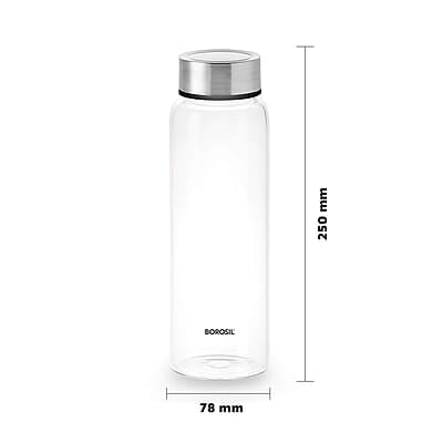 Borosil Crysto Glass Water Bottle, Fridge Bottle Set of 3, Borosilicate Glass, Extreme Temperature Resistant, For Hot & Cold Water, Milk, Lassi, Juice, Steel Lid, 750 ml, Stylish & Transparent