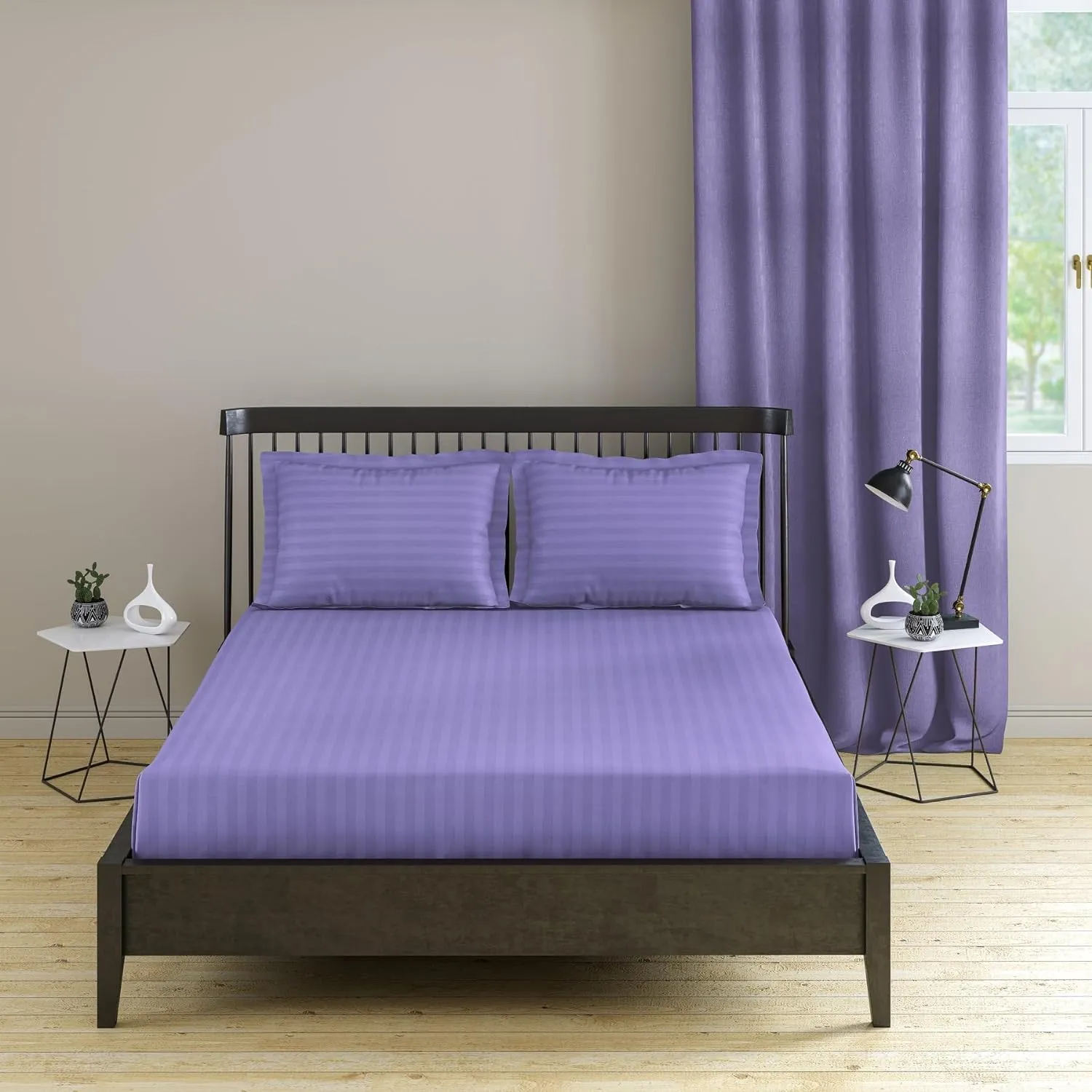 Sofrito Bedsheet (Fitted) Glace Cotton 300 TC - Striped - Lavender