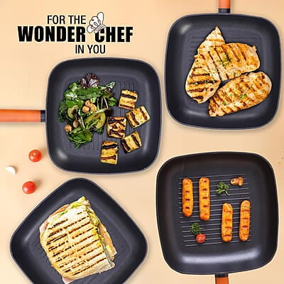 Wonderchef Caesar Forged Virgin Aluminium Grill Pan, 24cm, Black, Greblon C3 Non-stick Coating Wonderchef Caesar Forged Virgin Aluminium Grill Pan, 24cm, Black, Greblon C3 Non-stick Coating