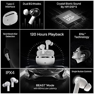 boAt Nirvana Ion TWS Earbuds with 120 HRS Playback(24hrs/Charge), Crystal Bionic Sound with Dual EQ Modes, Quad Mics ENx™ Technology, Low Latency(60ms), in Ear Detection