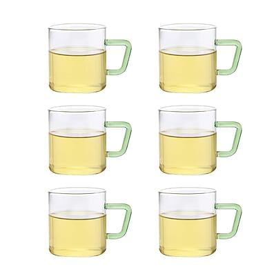 Borosil Vision 6 Pcs Tea n Coffee Borosillicate Glass 190 ml Classic Mug Set with Green Handle | Microwave Safe, Scratch Resistance, Lightweight | for Chai, Green Tea, Milk | Transparent