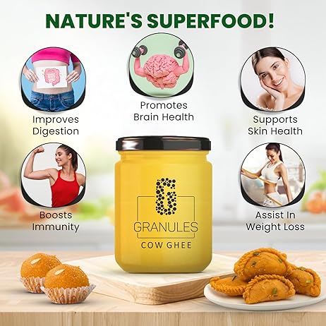 GRANULES Pure Cow Ghee 500ml | Natural Desi Ghee | Premium Cow Ghee | Organic Pure Ghee | Traditional Method | Authentic Ghee for Cooking | Ghee Cow 500ml Glass Jar - Pack of 3 GRANULES Pure Cow Ghee 500ml | Natural Desi Ghee | Premium Cow Ghee | Organic Pure Ghee | Traditional Method | Authentic Ghee for Cooking | Ghee Cow 500ml Glass Jar - Pack of 3