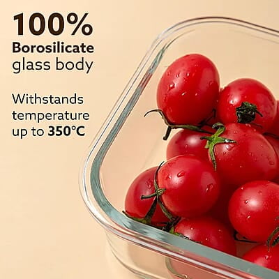 AGARO Elite Borosilicate Glass Lunch Box, 3pcs Set, 320ml Each, Office Tiffin Box with Bag Square