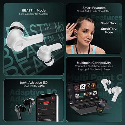 boAt Airdopes Flex 454 ANC Truly Wireless in Ear Ear Buds w/Smart Features, ANC, 60HRS Playback,Hearables App Support,4 Mics ENx,Multi Point,ASAP Charge, IPX5,Beast Mode Ear Buds TWS