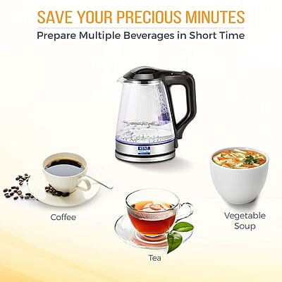 KENT 16023 Electric Glass Kettle 1.7 L | 1500W | Stainless Steel Heating Plate | Borosilicate Glass Body | Boil Drying Protection | 360° Rotating Base