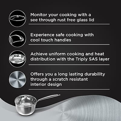 Preethi Metallica Collection Triply Stainless Steel Milk Pan with Glass Lid, 16 cm, Gas & Induction Compatible Preethi Metallica Collection Triply Stainless Steel Milk Pan with Glass Lid, 16 cm, Gas & Induction Compatible
