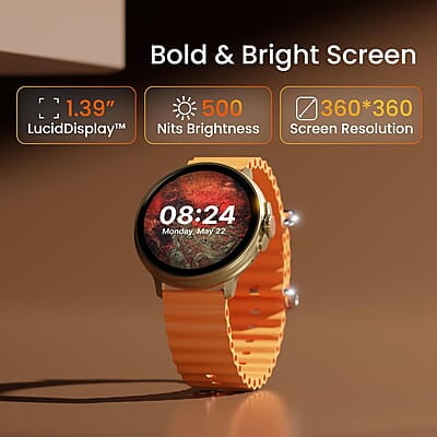 Ambrane 1.39'' LucidDisplay, Premium Aesthetics, Bluetooth Calling Round SmartWatch, Functional Crown, 500 NITS Brightness, 100+ Sports Mode with IP68, 100+ Watch Faces Rush