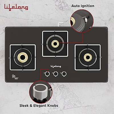 Lifelong LLHT913 Sigma Auto Ignition Counter-Top Hob Top High Efficiency 3 Burner Sleek Design