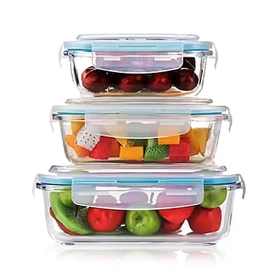 AGARO Borosilicate Glass Containers with Lids, 3 pcs Set (370ml, 640ml &1040ml), Microwave Safe