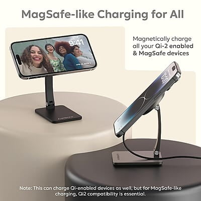 Ambrane 15W MagSafe Wireless Charger & Mobile Stand Lightweight & Foldable for iPhone 15/15 Plus/15 Pro/15 Pro Max, iPhone 12/13/14 Series & Other Qi Devices + Magnetic Ring Aerosync S1