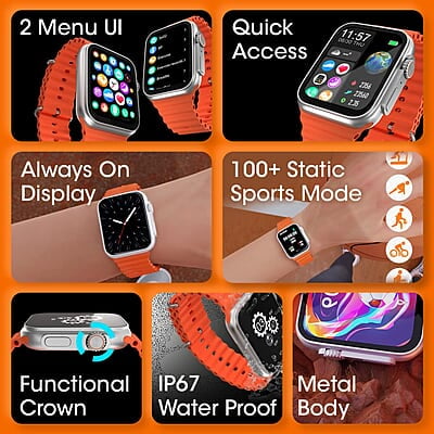 Zebronics ICONIC ULTRA AMOLED Smart watch with Calling Bluetooth 5.1, 1.78" (4.5cm) Large 2.5D screen, Voice assistant, Always ON Display, Built-in rechargeable battery & Female health- Silver+Orange