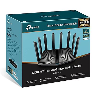 TP-Link Archer AX95 AX7800 Tri-Band 8-Stream Wi-Fi 6 7800 Mbps Wireless Router (Black, Tri Band) TP-Link Archer AX95 AX7800 Tri-Band 8-Stream Wi-Fi 6 7800 Mbps Wireless Router (Black, Tri Band)