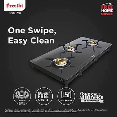 Preethi Luxe Pro 3 Burner Glass Top Gas Stove With Driptray Less Infinity Design