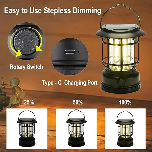 Solar Camping Lantern, USB Rechargeable Retro Dimmable Horse Camp Lamp Outdoor